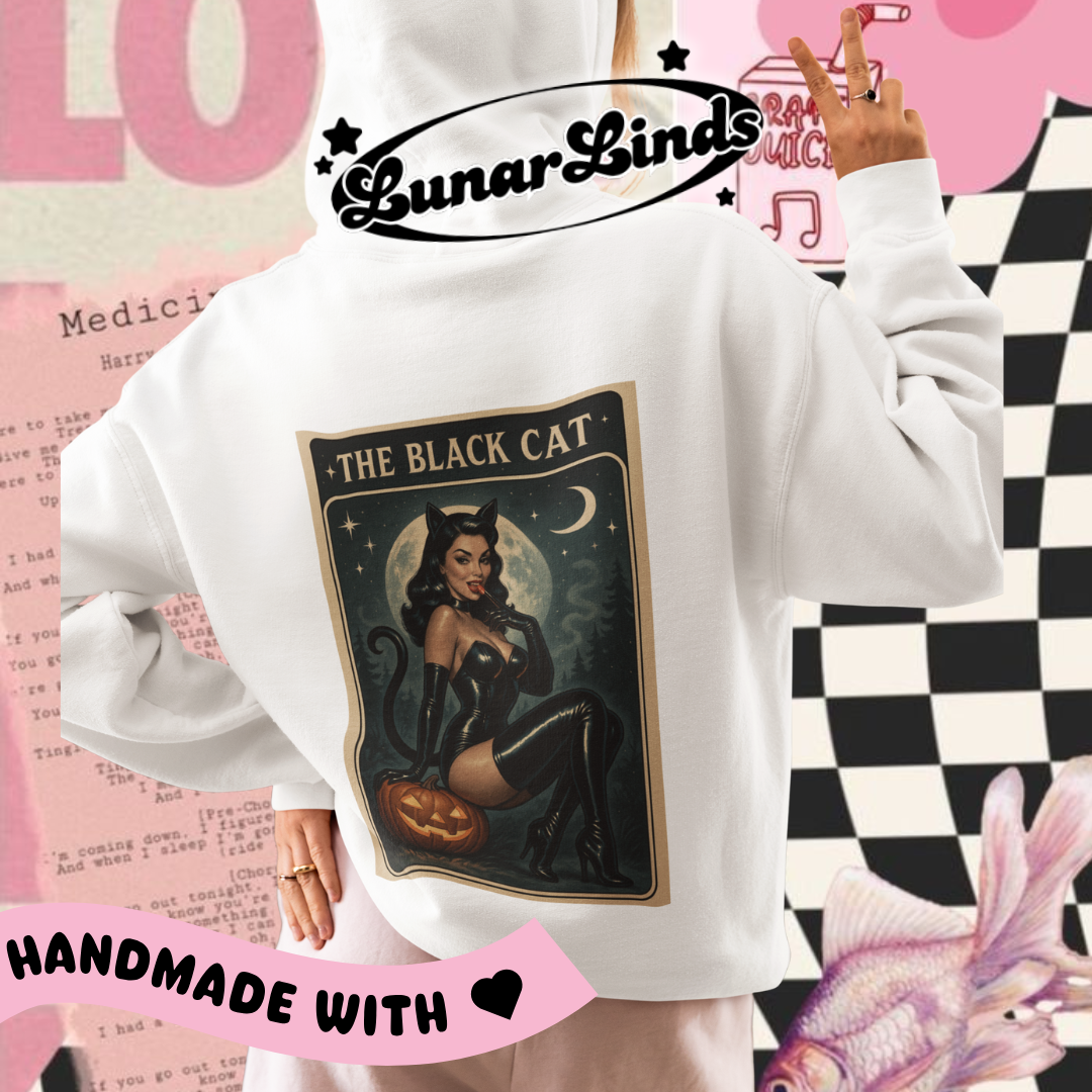 The Black Cat Pinup Hoodie – Spooky Vintage Halloween Sweatshirt Unisex Hoodie | Custom Printed Sweatshirt