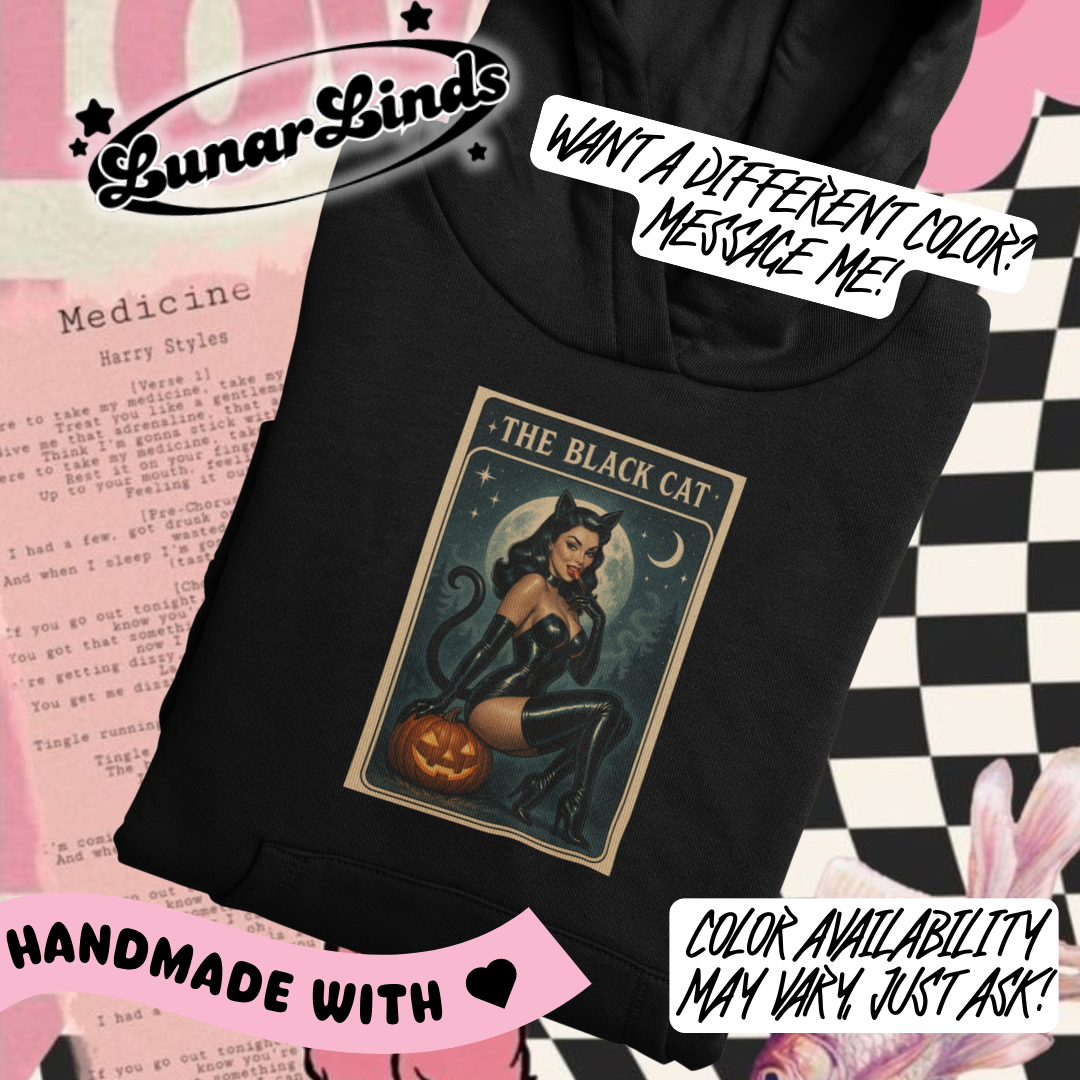 The Black Cat Pinup Hoodie – Spooky Vintage Halloween Sweatshirt Unisex Hoodie | Custom Printed Sweatshirt