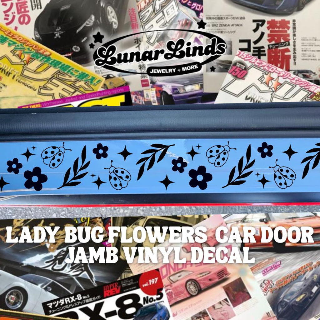 Ladybug Flowers Car Door Jamb Decal | Cute Floral Car Sill Stickers | Matte or Chrome Vinyl Set of 2