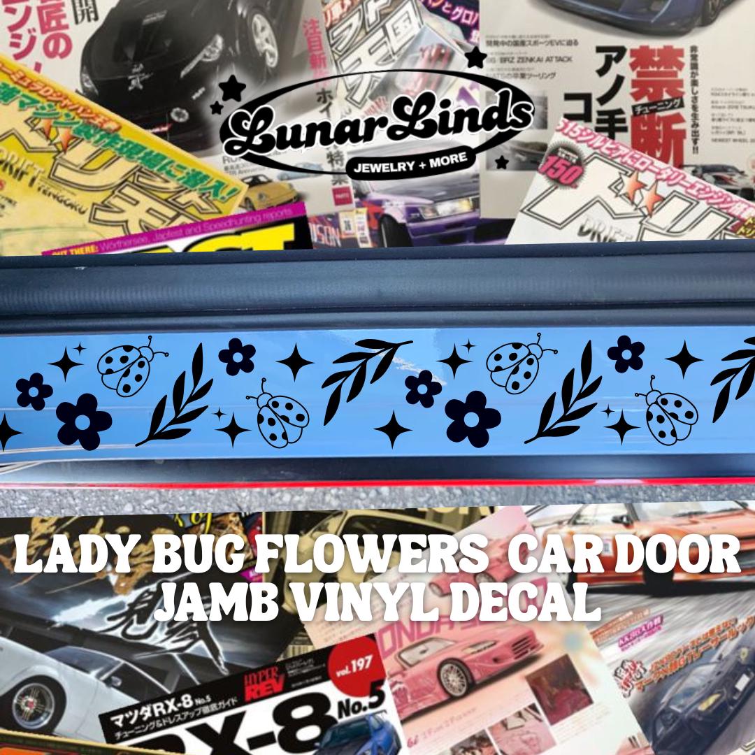 Ladybug Flowers Car Door Jamb Decal | Cute Floral Car Sill Stickers | Matte or Chrome Vinyl Set of 2