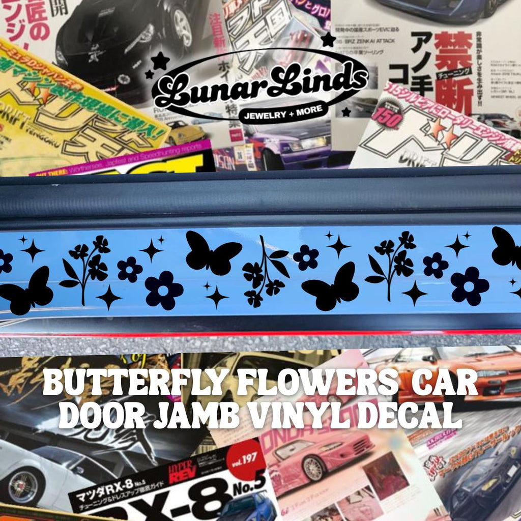 Butterfly Flowers Car Door Jamb Decal | Cute Floral Car Sill Stickers | Matte or Chrome Vinyl Set of 2