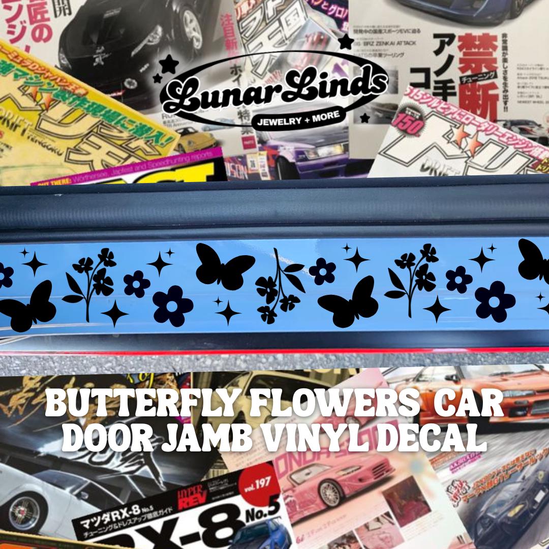 Butterfly Flowers Car Door Jamb Decal | Cute Floral Car Sill Stickers | Matte or Chrome Vinyl Set of 2