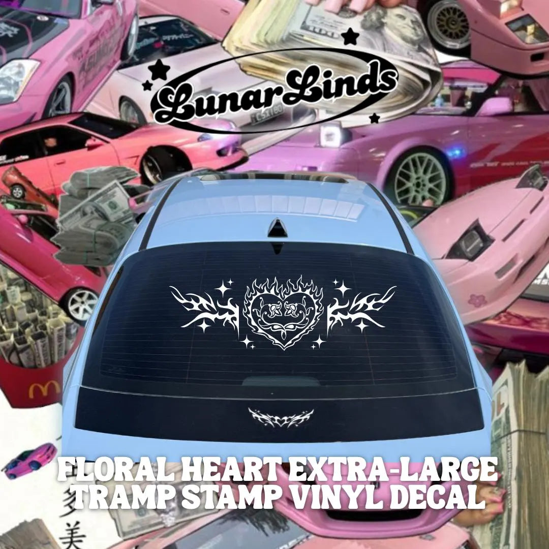 Floral Heart XL Tramp Stamp Vinyl Decal – Tribal Design Bold Car Sticker | Windshield Banner | Rear Window Banner