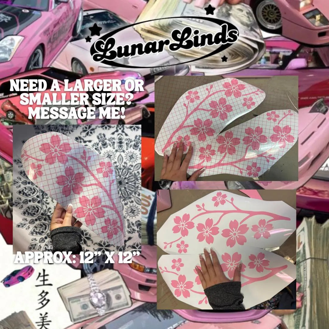 Cherry Blossom Vinyl Car Decal Set – Floral Cute JDM Style Car Decor | Lunar Linds Exclusive Matte or Chrome Vinyl Car Banner Rear Window