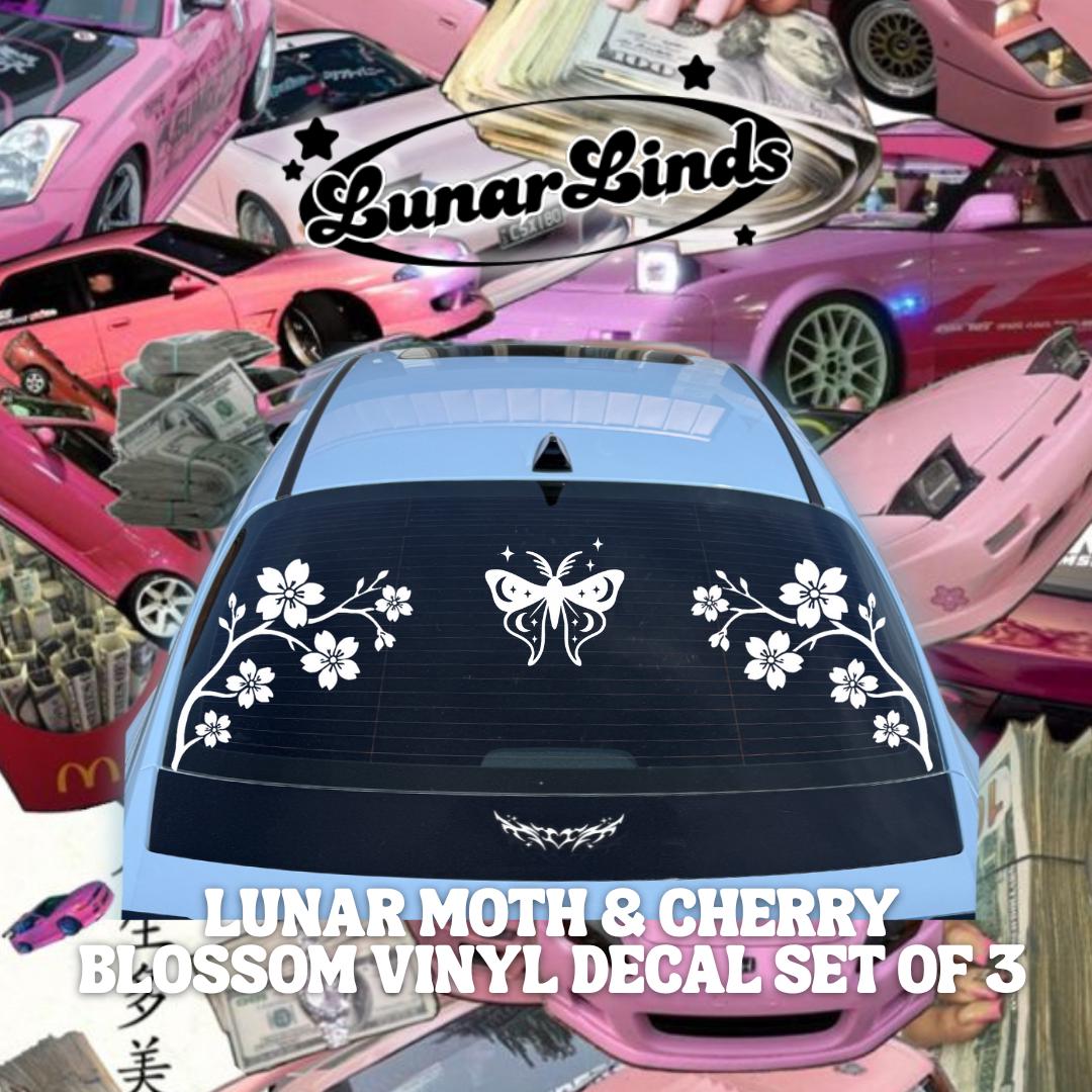 Lunar Moth & Cherry Blossom Vinyl Decal Set of 3 – Car Window Stickers, Nature-Inspired Car Decor, Cherry Blossoms Floral |