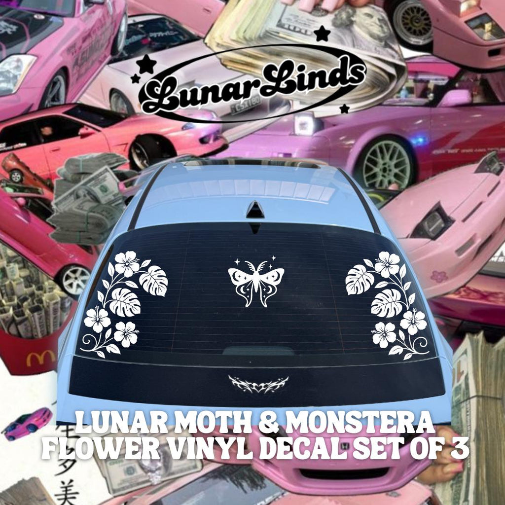 Lunar Moth & Monstera Flower Vinyl Decal Set of 3 – Car Window Stickers, Nature-Inspired Car Decor, Tropical Floral |