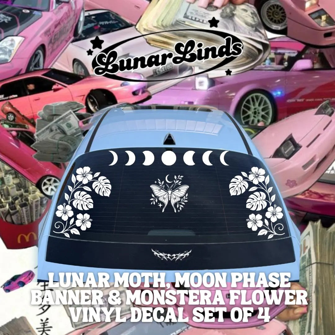 Lunar Moth & Moon Phase Car Decal Set of 4 – Rear Windshield Vinyl Stickers with Monstera Flowers | Witchy Botanical Car Decor Makeover Set